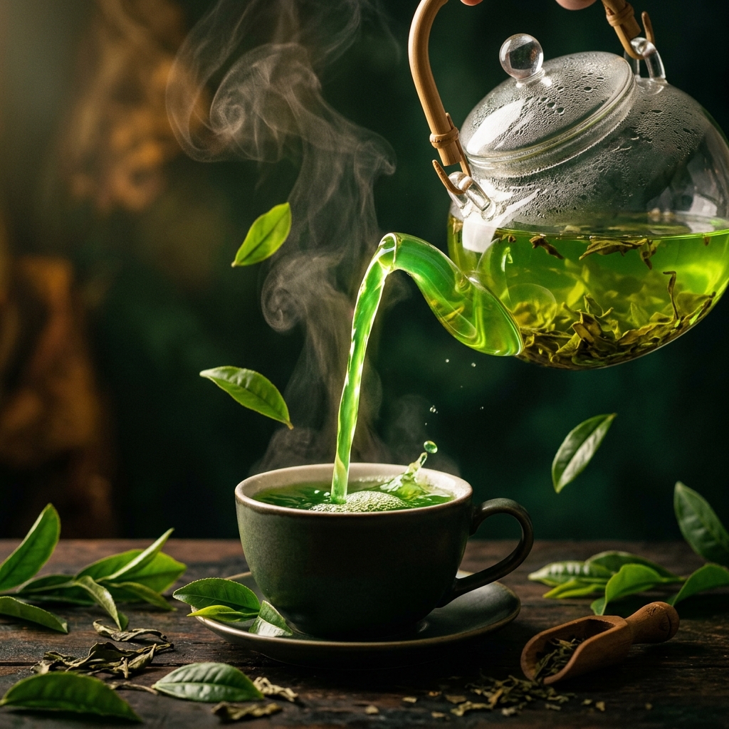 Glass jar pouring premium green tea into cup